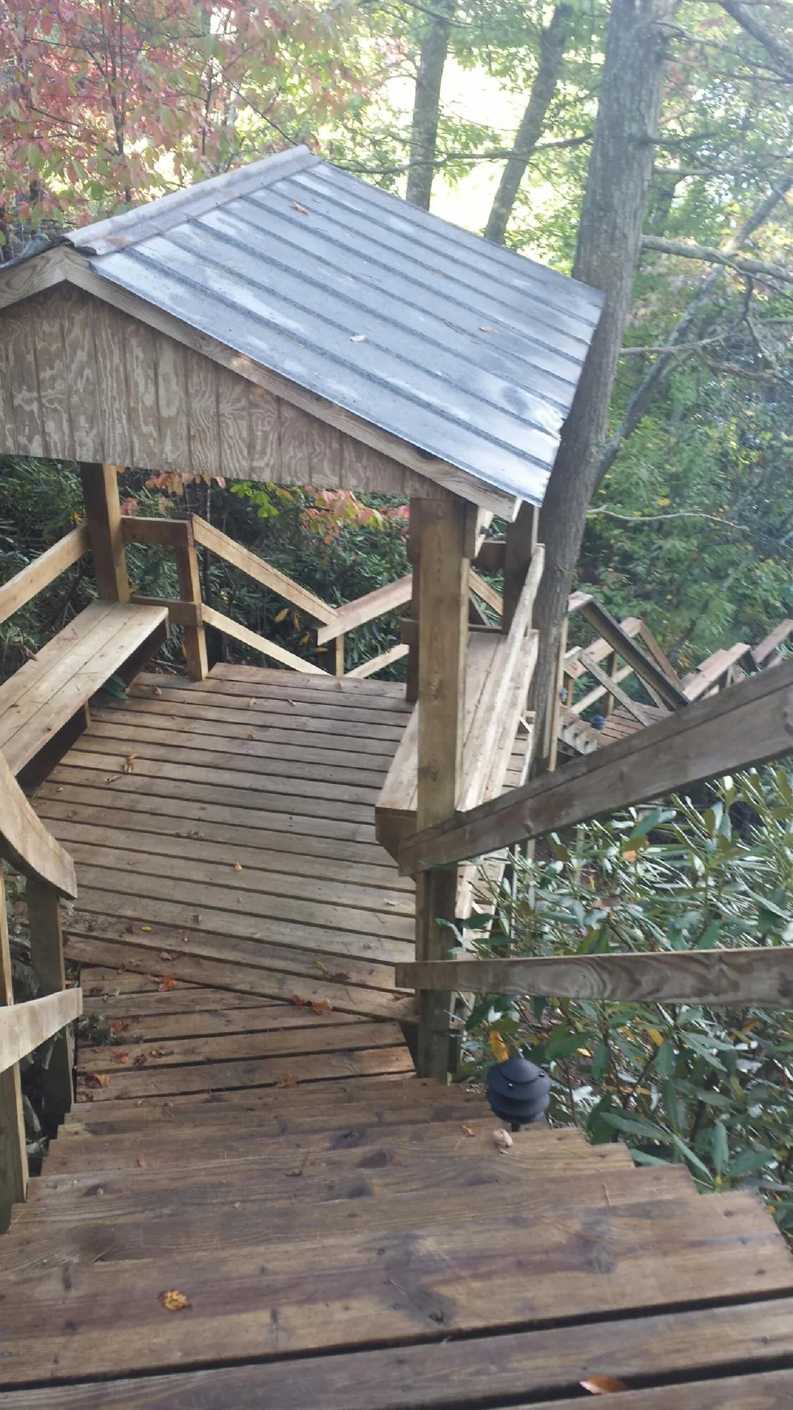Metal roofed shelter over wooden steps on a wooded walkway — Skylight Repair & Installation work by our crew in Damon